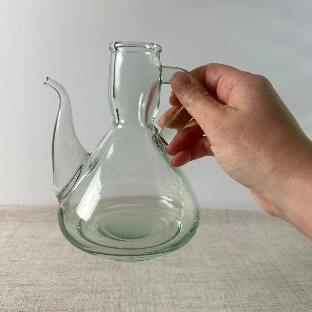 Vintage Green Glass Long Spout Cruet | Hand Blown Pitcher | Sculptural Glass